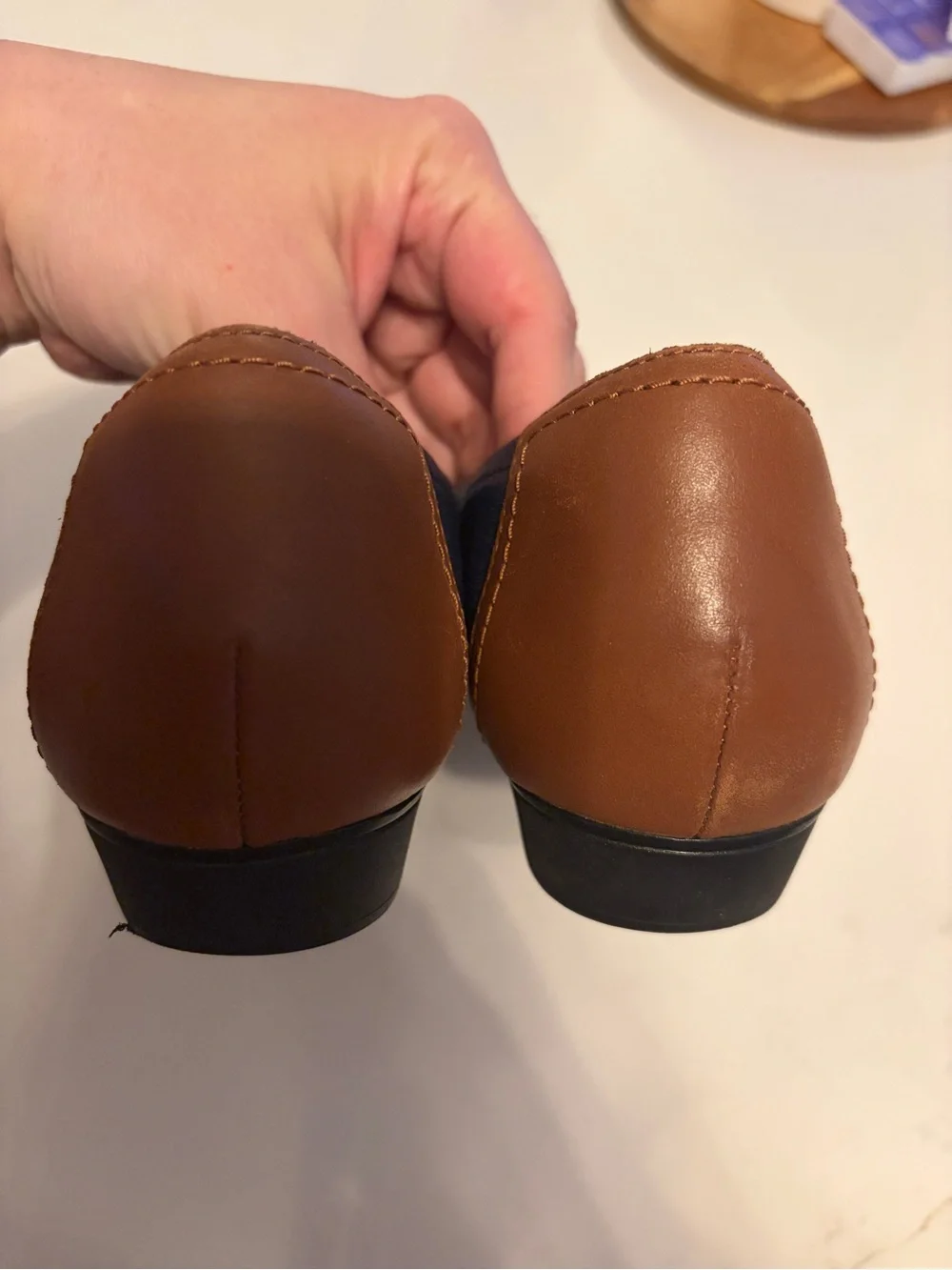 Clarks Collection Navy Blue and Tan Leather Cushion Flats Gold Buckle 10 - Picture 3 of 5